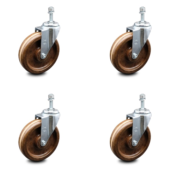 6 Inch High Temp Phenolic Wheel Swivel 3/8 Inch Threaded Stem Caster Set SCC